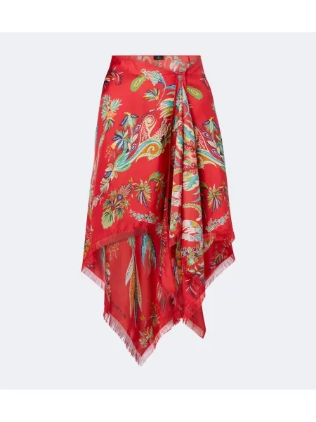 Fustă Etro de mătase cu model paisley asimetrică roșu