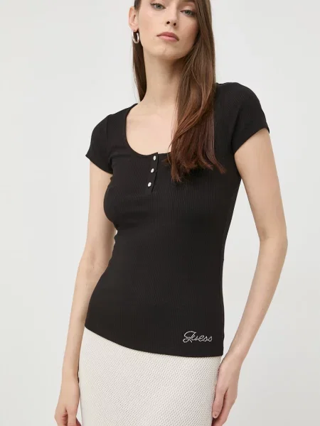 T-shirt z prążkowaniem model ‘KARLEE’ Guess czarna
