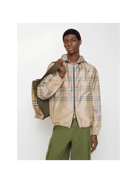 Kurtka Burberry w kratę z kapturem beżowa