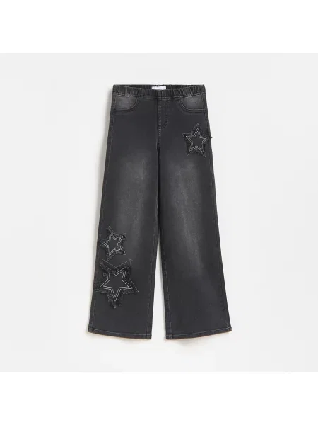 Reserved Wide leg jeggings s nášivkami černý