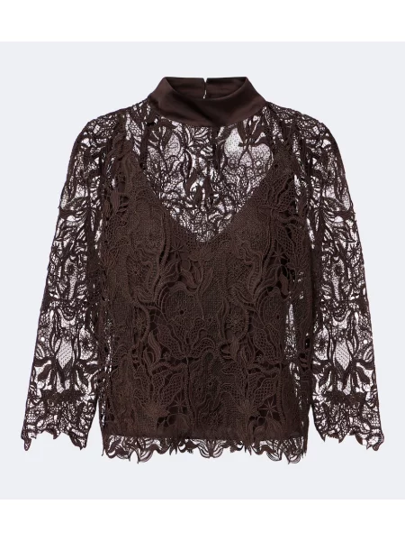 Top Max Mara cu model floral din dantelă maro