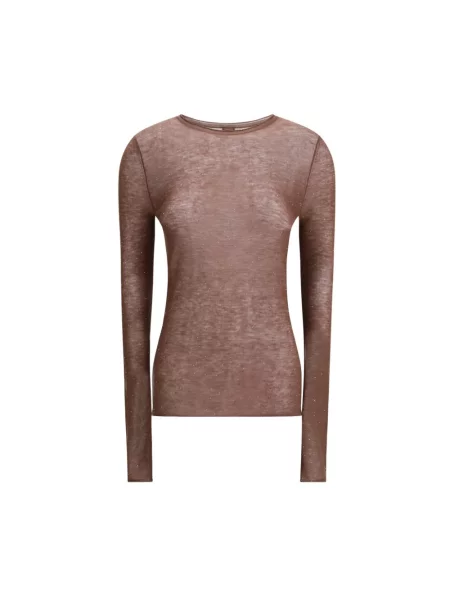 Sweter Pinko wełniany z długim rękawem z cekinami brązowy