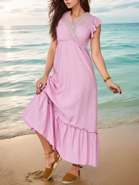 Rochie maxi Resti din dantelă lungă de costum roz