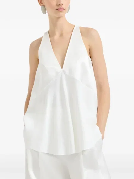Top Brunello Cucinelli din satin cu decolteu în V alb