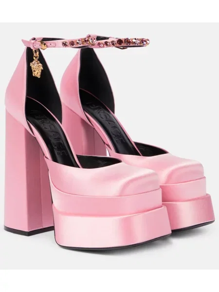 Pantofi cu toc Versace din satin cu platformă roz