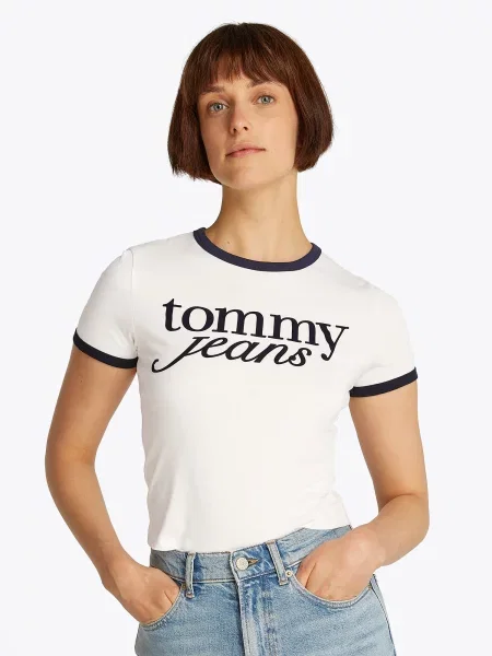 Tommy Jeans Tricou Script Ringer Écru alb