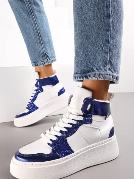 Sneakers Albi-Bleumarin cu Șireturi peste Gleznă cu Sclipici și Inserții Metalice Sareena alb
