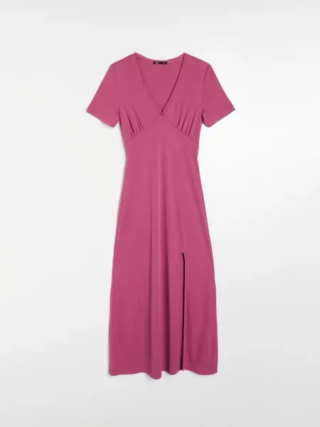 Сукня міді з модалу з V-подібним вирізом і коротким рукавом яскраво-рожевий рожева
