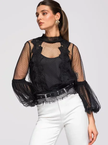 Bluză Edoti cu broderie plasă de plasă negru