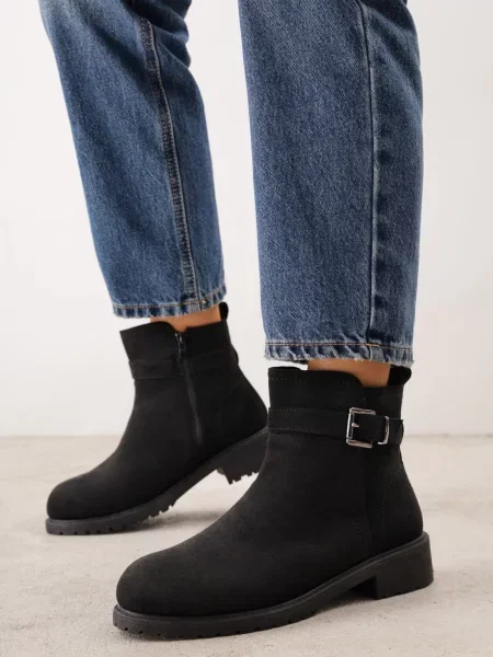 Botine cu carâmb cu textură de piele întoarsă căptușeală termoizolantă și cataramă decorativă Lumenis negre