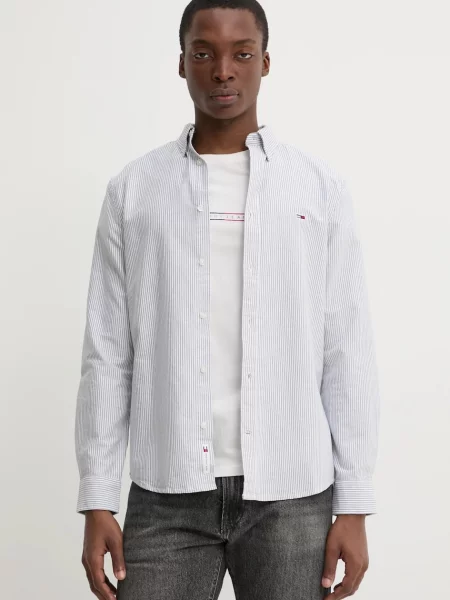 Риза Tommy Jeans мъжка с кройка по тялото с яка с копче сиво