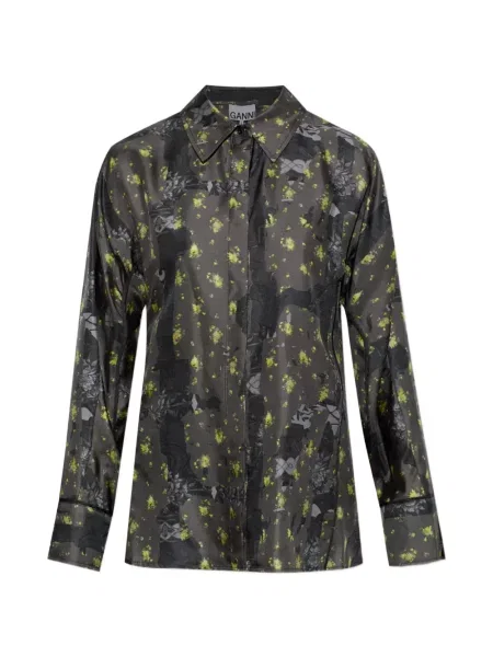 Cămașă Ganni de mătase cu model floral cu imagine gri