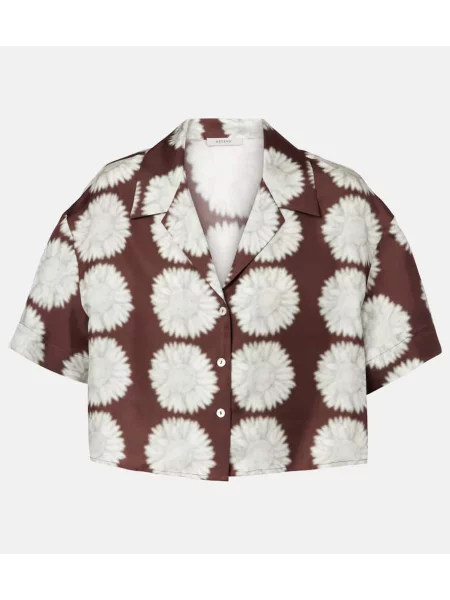 Jedwabny top Asceno w kwiatki o krotszym kroju brązowy