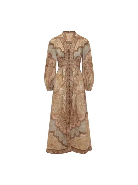 Lniana sukienka midi Zimmermann do kolan garniturowa brązowa