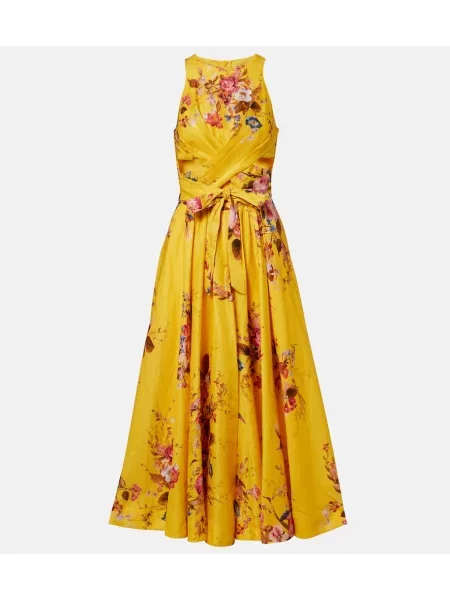 Lniana sukienka midi Zimmermann w kwiatki do kolan żółta