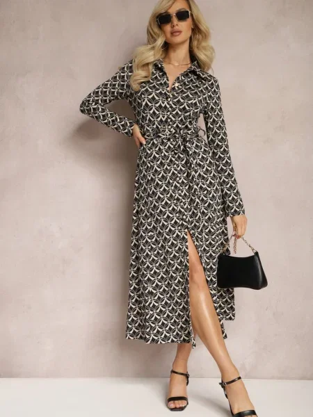 Rochie Cămașă Midi Negru-Albă cu Imprimeu Geometric și Aripe alb