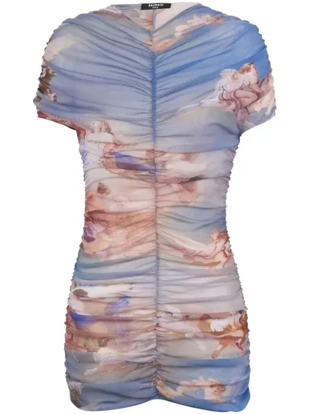 Rochie Balmain cu imagine din tul cu imprimeu abstract albastru