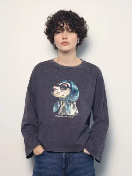 Reserved Tricou din cu mânecă lungă și imprimeu maro-închis maro