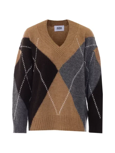 Pulover Alpha Studio cu decolteu în V cu model argyle maro