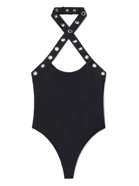 Costum de baie Off-white cu gât halter alb