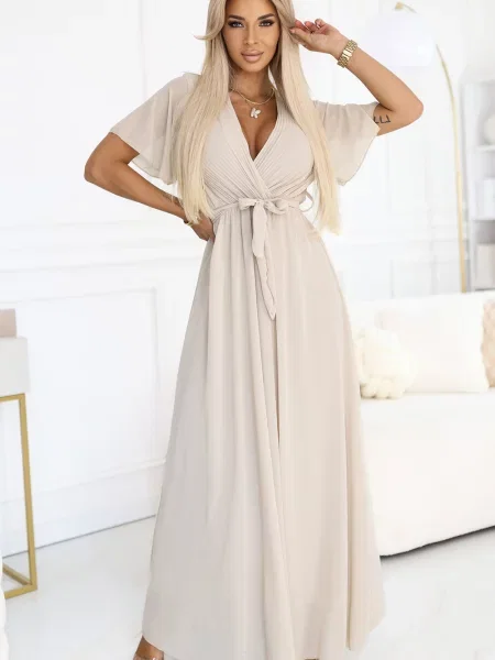 Długa sukienka maxi Numoco Basic plisowana garniturowa beżowa