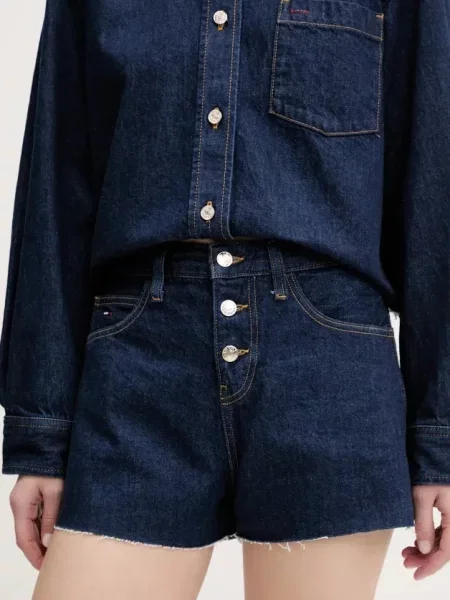 Tommy Jeans pantaloni scurți jeans bleumarin uni high waist albastru