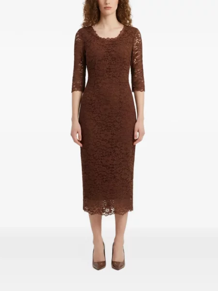 Rochie midi Sutton New York cu mâneci trei sferturi din dantelă maro