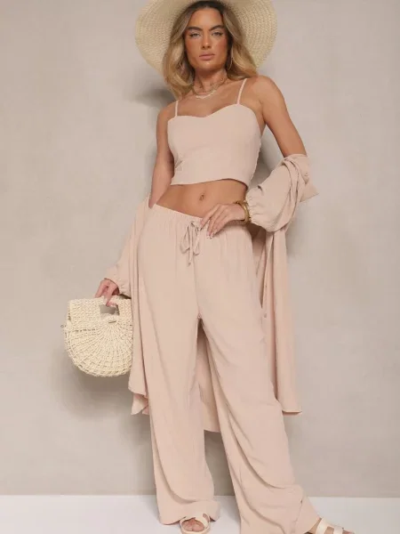 Komplet Spodnie z Gumką w Pasie Top i Długa Koszula Arives beżowy