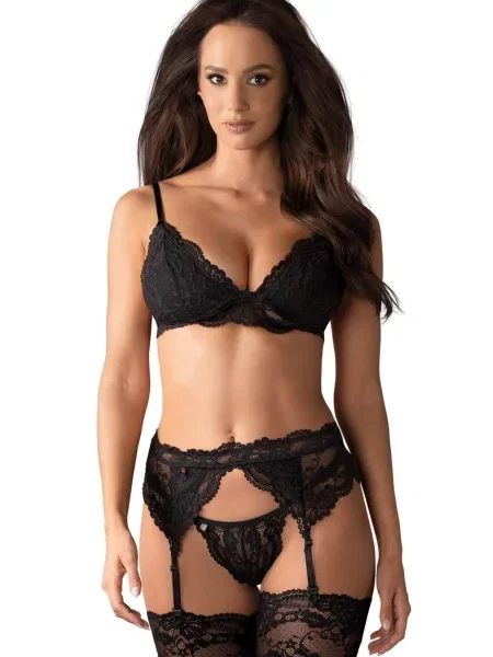 Кружевной комплект тройка: бюстгальтер для чулок и трусики стринг чорні