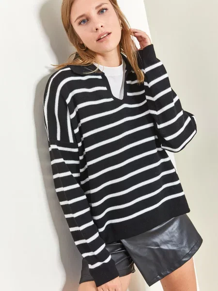 Bianco Lucci Γυναικείο Polo Neck Ριγέ Oversized Πλεκτό Πουλόβερ λευκό