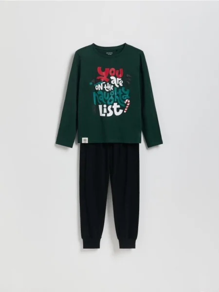 Reserved Świąteczna piżama z bawełny ciemnozielony