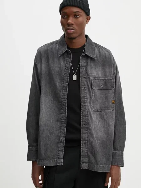 Дънкова риза G-Star Raw мъжка със свободна кройка с класическа яка сиво