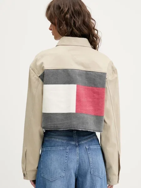 Дънково яке Tommy Jeans преходен модел с уголемена кройка бежово