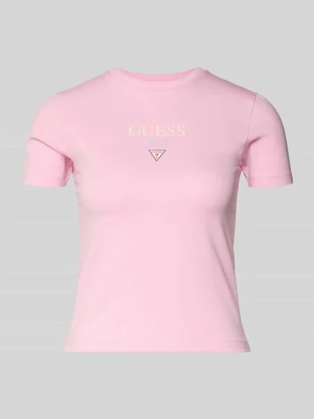 Koszulka z logo i okrągłym dekoltem Guess Jeans różowa