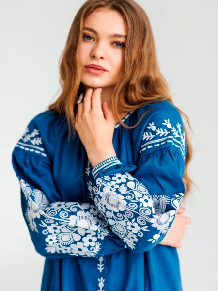 Лляна Вишита сукня Folk Moda синій