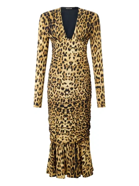 Rochie midi Roberto Cavalli cu imagine cu model leopard până la genunchi galben