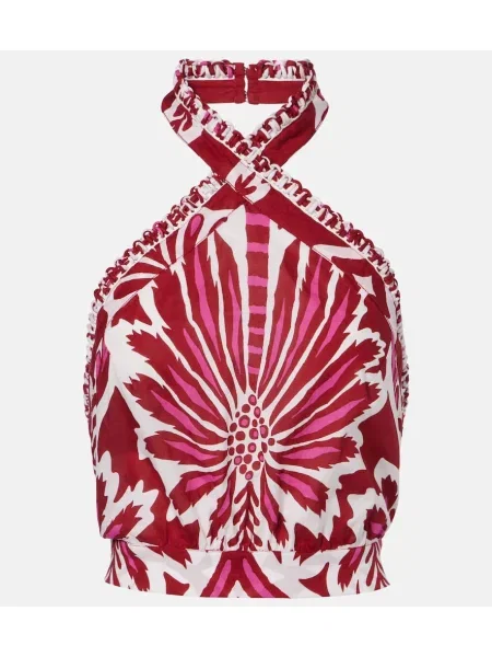 Top Poupette St Barth cu model floral cu gât halter bordo