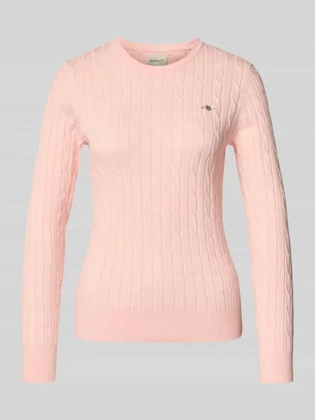 Sweter z dzianiny ze ściegiem warkoczowym i wyhaftowanym logo Gant różowy