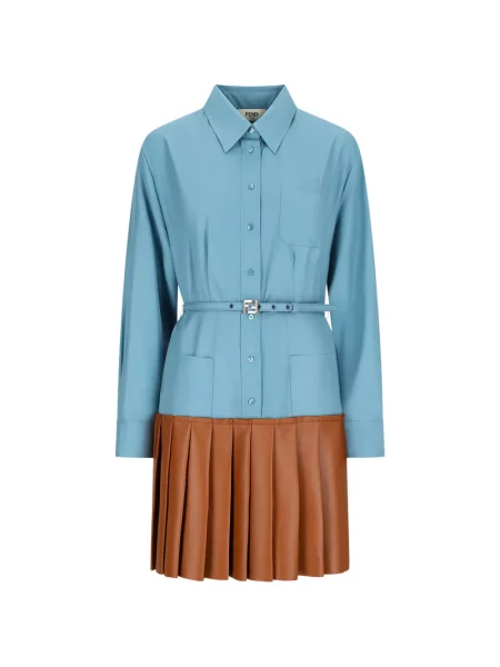 Rochie tip cămașă Fendi plisată din poplin de costum albastru