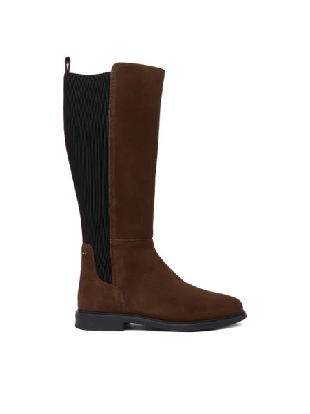 Велурени ботуши Tommy Hilfiger FLAG SUEDE LONG BOOT с равна подметка кафяво