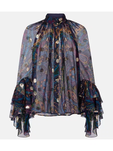 Jedwabny top Etro z wzorem paisley niebieski