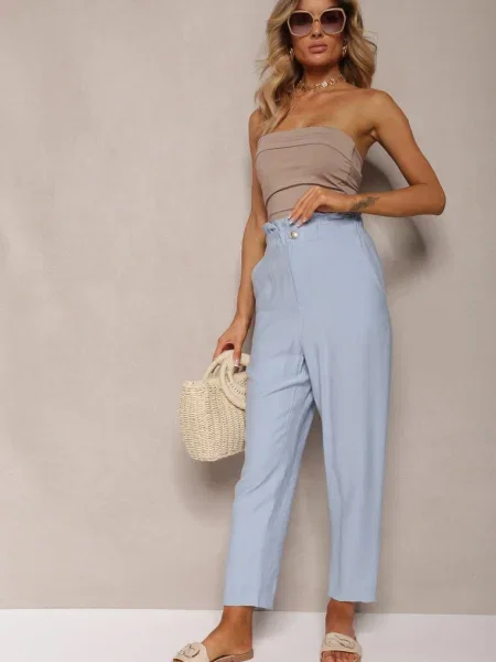 Bleumarin Pantaloni Clasici Talie Elastică Paper Bag Targea albastru