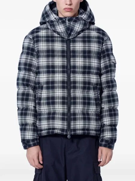 Geacă cu puf Moncler în carouri cu glugă negru