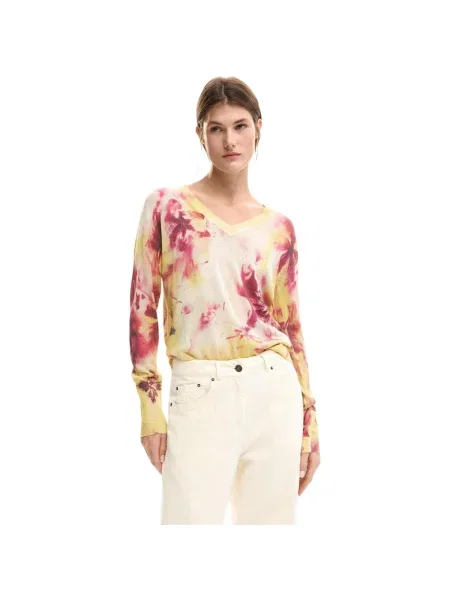 Pulover Desigual cu model floral cu decolteu în V maro