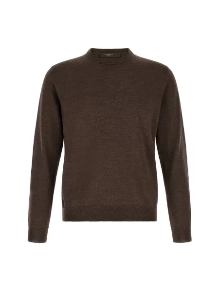 Sweter Zanone wełniany z okrągłym dekoltem brązowy