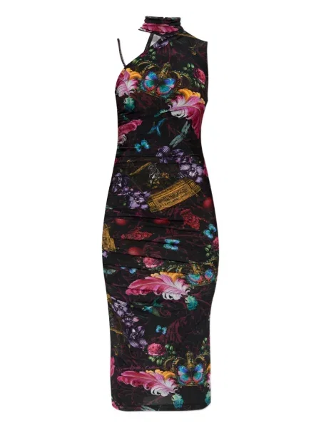 Sukienka jeansowa Versace Jeans Couture w kwiatki z nadrukiem do kolan czarna