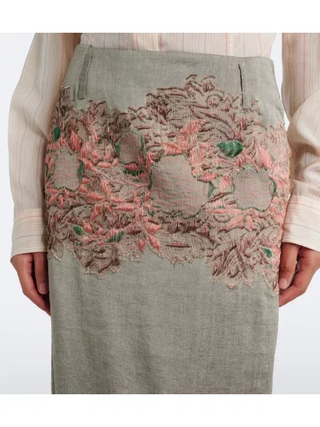 Ľanová midi sukňa Dries Van Noten s výšivkou sivá