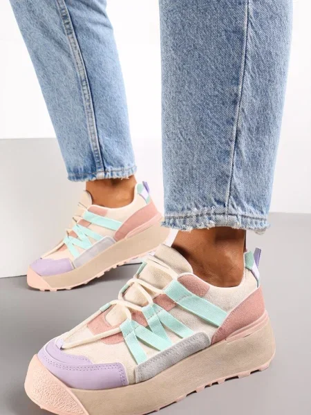 Sneakers bej-violet cu șireturi plate cu inserții colorate din piele ecologică Wonise bej