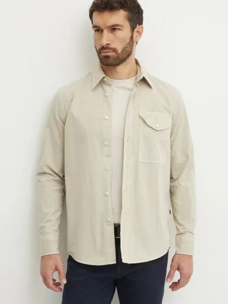 Риза Boss Orange мъжка със стандартна кройка с класическа яка бежово