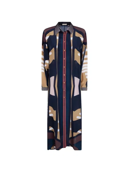 Rochie tip cămașă Volantis de mătase cu imagine cu imprimeu abstract albastru